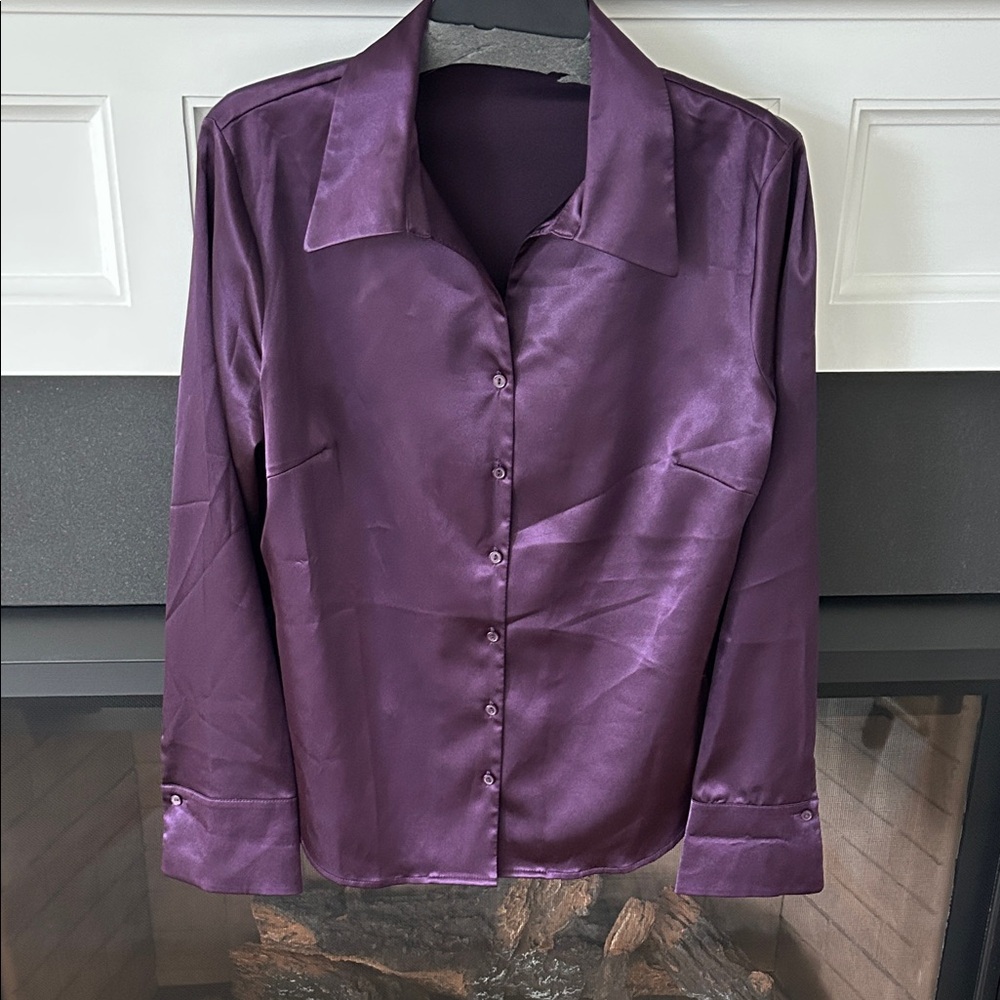 Essentials by Milano Deep Purple Satin Button Down Shirt